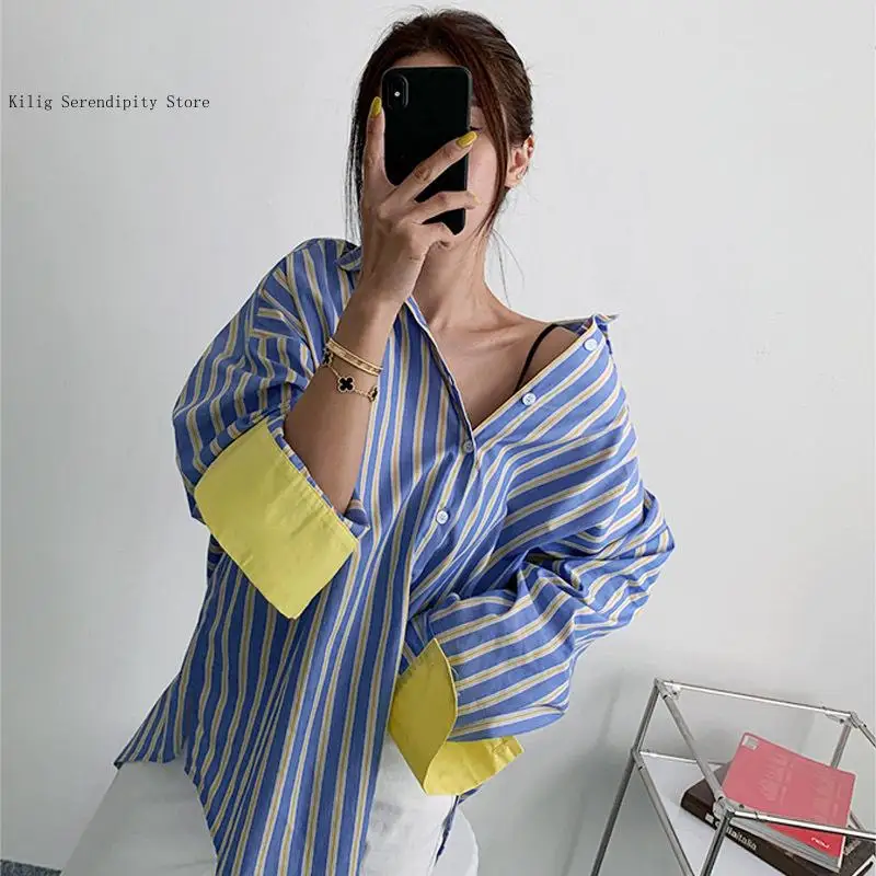 Spring and Autumn Contrast Striped Shirt Women\'s Loose Mid-Length Base Shirt Fashionable Casual Top