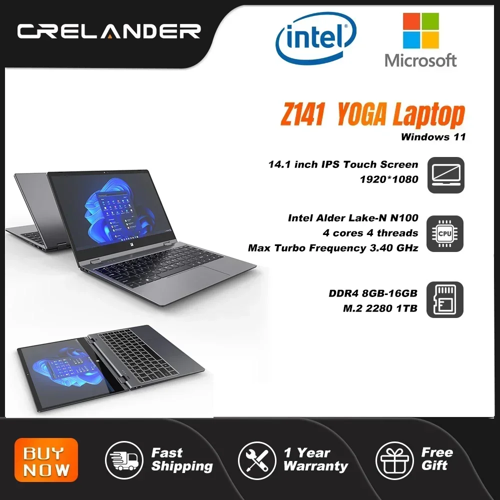 CRELANDER Z141 Laptop YOGA Intel N100, Notebook Tablet PC Mini lipat 360 derajat layar sentuh IPS DDR4 16GB