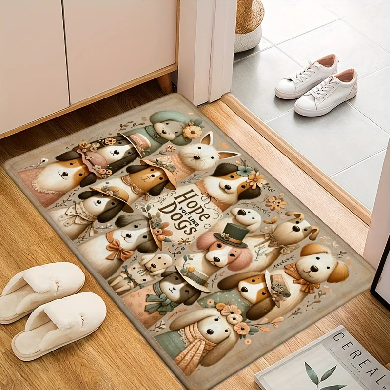 1Pc Dog Print Flannel Door Mat Anti Slip Floor Rug Washable And Absorbent Carpet Suitable For Kitchen Supplies Living Room