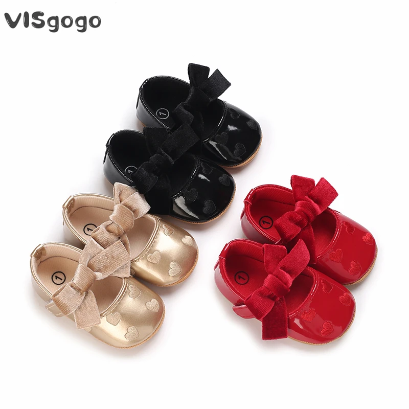 VISgogo Baby Girls Cute Shoes Heart Pattern Bowknot Soft Sole PU Leather Flats Shoes First Walkers Non-Slip Princess Shoes