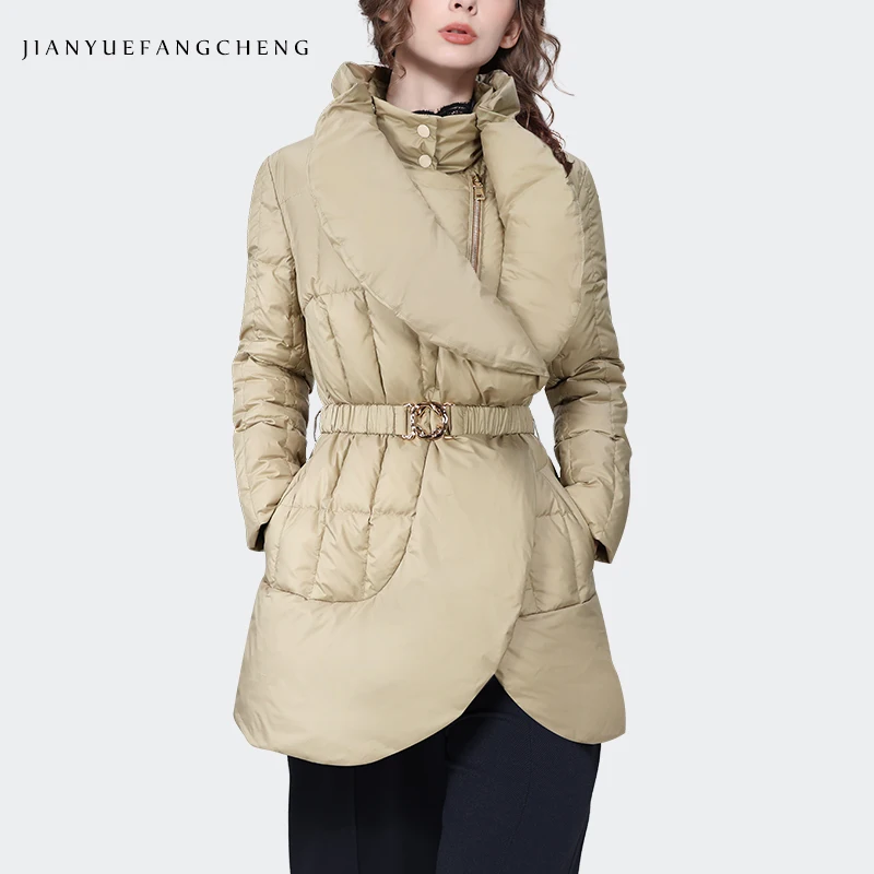 2023 Autumn/Winter Ruffles Down Jacket Women's Mid length Irregular Western Style White Duck Down Padding Beige Windproof Coat