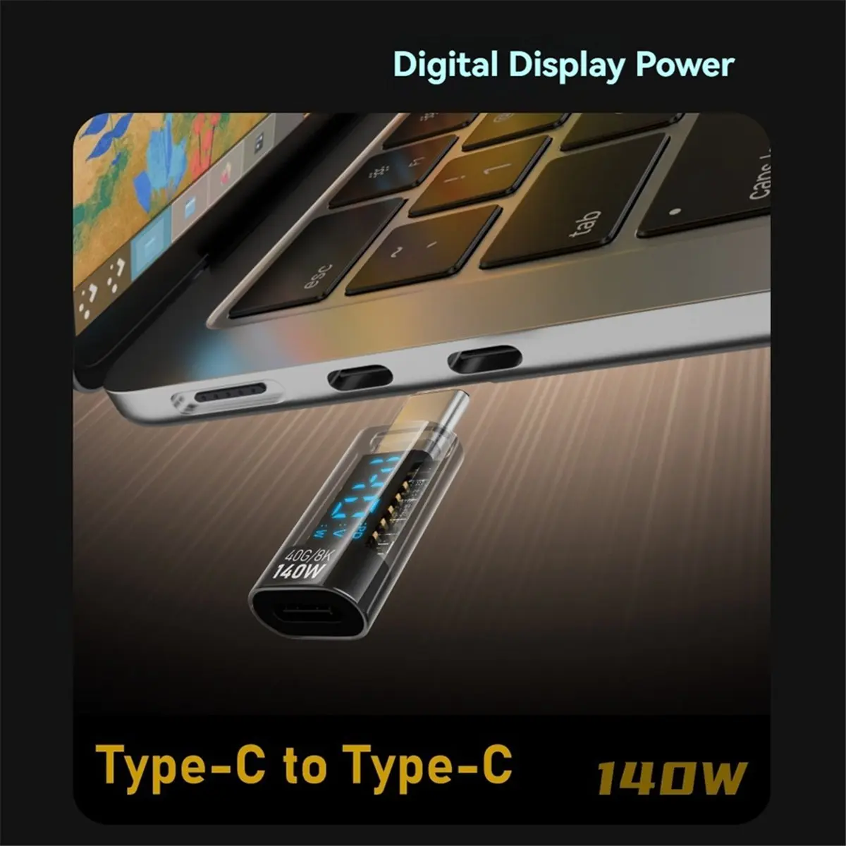 L77A USB C Adapter LED Wattage Display 140W 40Gbps 8K USB C Extension PD3.1 Type C Connector Type C Power Meter Tester Blue