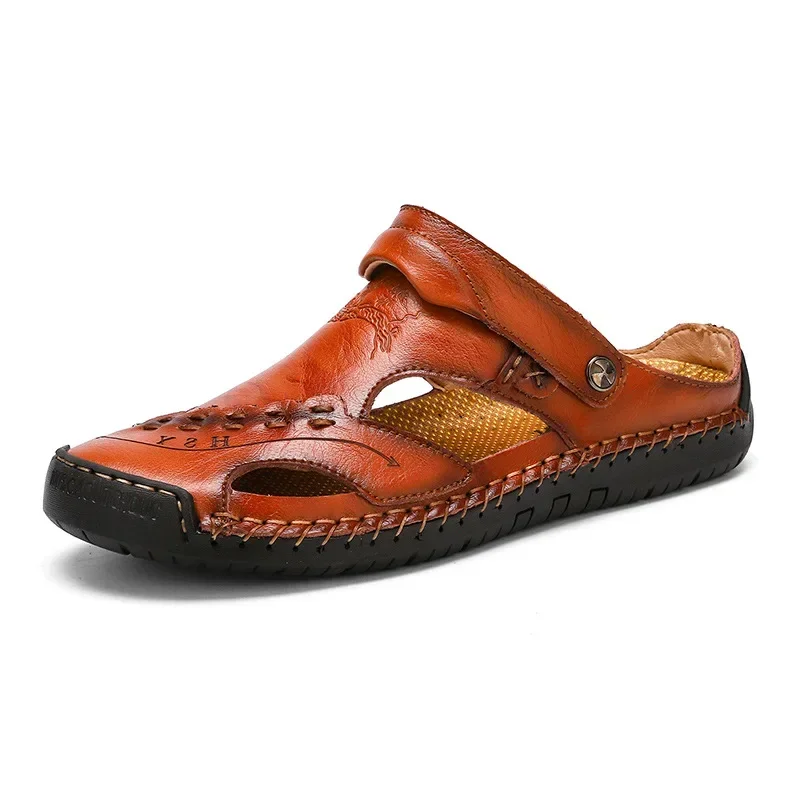 Baotou-Sandales en cuir véritable pour hommes, pantoufles d\'été pour hommes, confortables, tendance, à enfiler, sandales de trekking décontractées