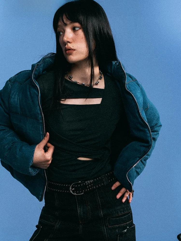 

Weicheng Lu Новая осенне-зимняя модная женская джинсовая куртка свободного кроя с воротником-стойкой, длинными рукавами и наполнителем