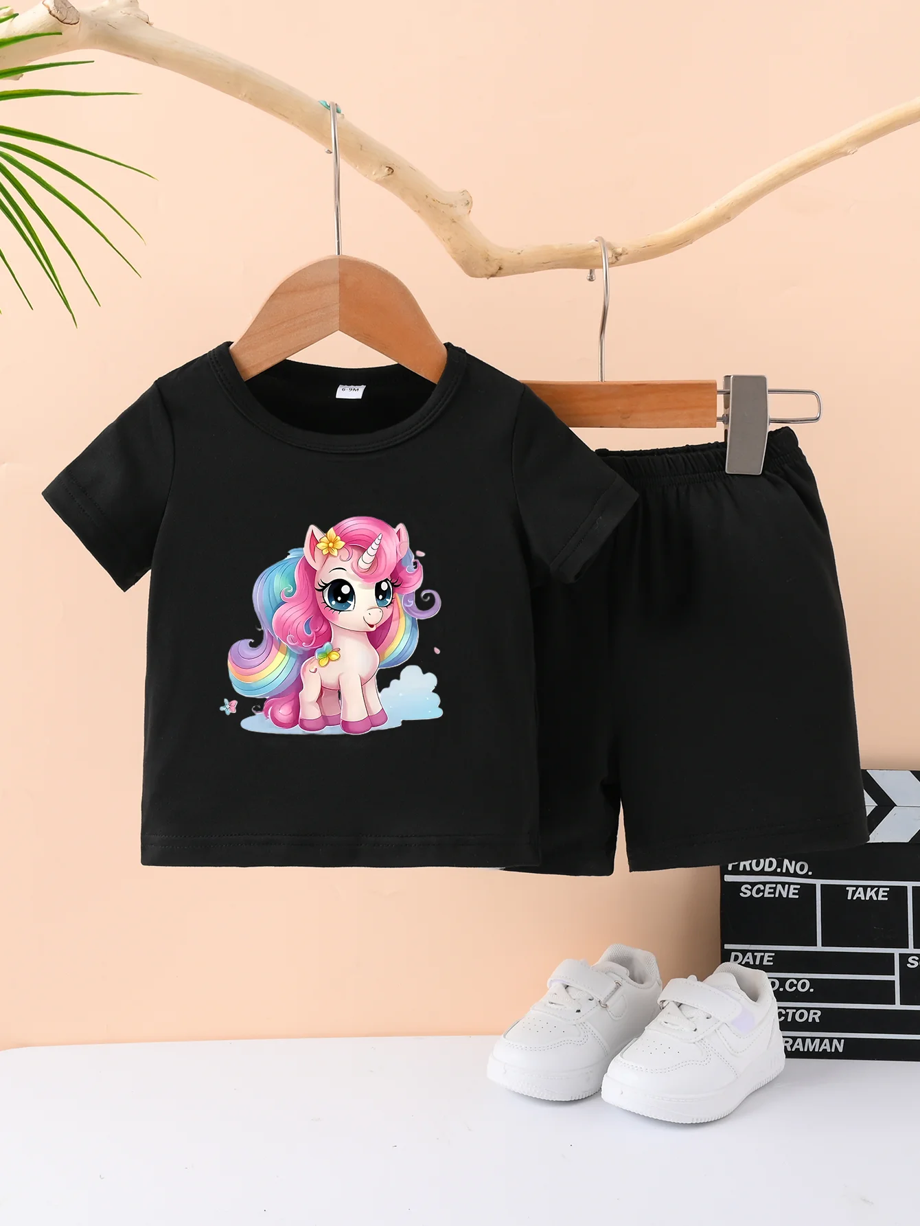 Summer New Male And Female Baby Short Sleeve blackT-Shirt Round Neck Pullover Top +  shorts