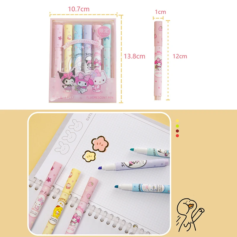 Cute Sanrio Highlighter 6 Boxed High-value Color Pen Multi-functional Kulomi Girl Heart Highlighter