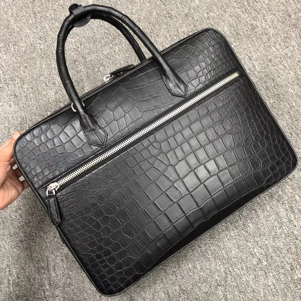 Men's Genuine Crocodile Skin Briefcase 16 Inch Business Laptop Bag Alligator Leather Handbag Luxury Tote Shoulder Bag Black