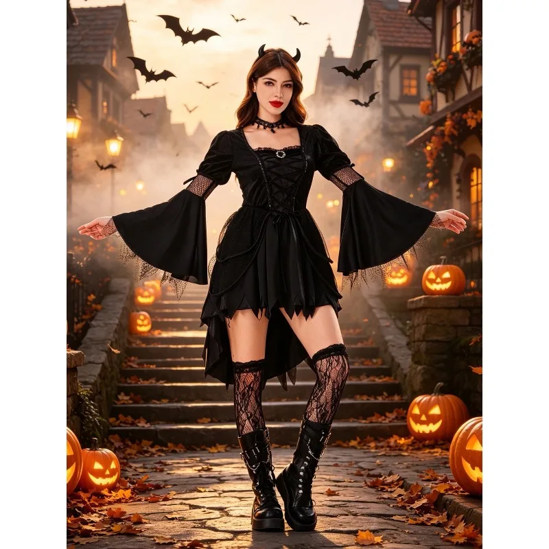 2026-ハロウィン-ダークゴシック風魔女ドレスセット、レディース、ヴィンテージ風ロングドレス、ステージパフォーマンス、コスプレ衣装、パーティー、イブニングウェア。