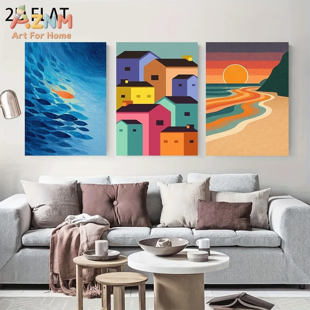 `3pcs Unframed Canvas Wall Art Ocean Fish Colorful Town Houses Beach Sunset Coast Posters Prints for Living Room Bedroom Home