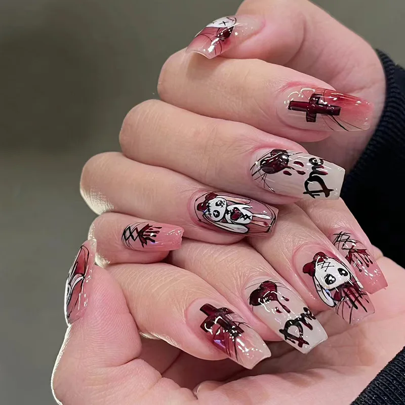 

24Pcs Long Coffin Halloween Press-on Nails: Bloody White Bunny with Red Bow, Dripping Heart, Red Cross & Gothic Lettering