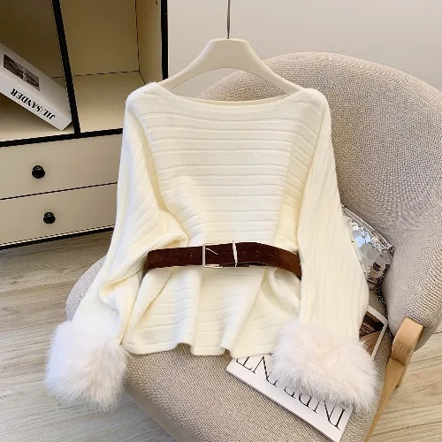 

Fashionable Long Sleeve Knitted Sweater Women's Autumn Winter Outerwear Soft Polyester Spandex Blend Belt Ready to Wear