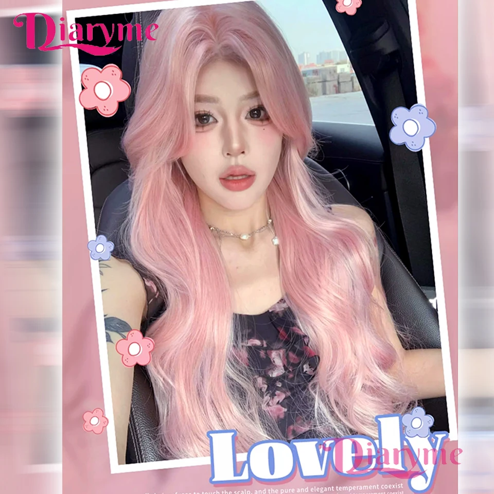 

Парик для косплея со средней частью челки, синтетические длинные волнистые парики из волос, термостойкий розовый парик для женщин, Хэллоуин, Рождество, Новый год