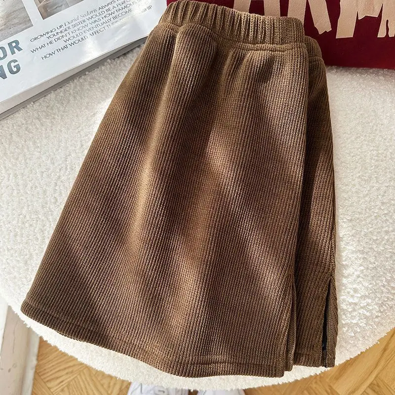 Women's Corduroy Sweatshirt Thickened Fleece High Waist A-Line Skirt Half-length Autumn Winter Fashion Commute Pure Color