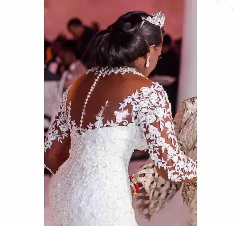 Apliques De encaje personalizados, Mangas completas, Vestidos De novia De sirena con cuentas, Vestidos De novia hechos a medida, Vestidos formales De talla grande De Mar