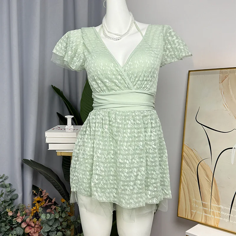 costumi da bagno sexy con stampa in pizzo moda coreana un pezzo halter profondo scollo a V manica corta mini abito culottes bikini costumi da bagno imbottiti