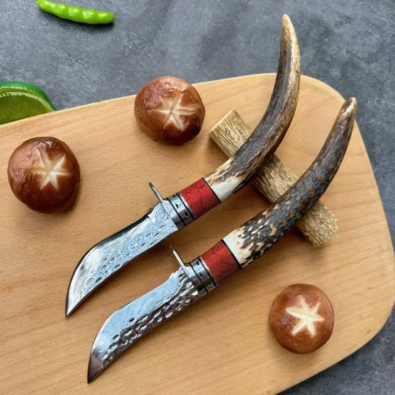 Nature Deer Antler Handle Survival Hunting Tool Handmade Damascus Steel Fixed Blade Knife Collection Knifes For Gift Men