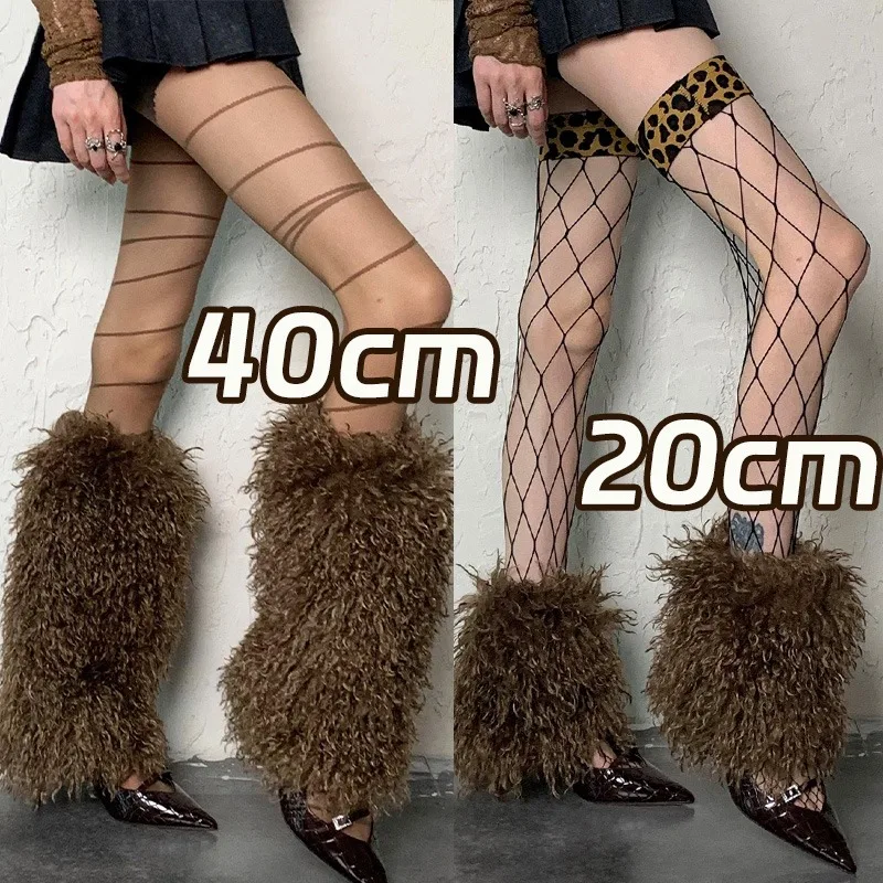 

Новые модные пикантные коричневые зимние теплые ботинки, носки, гетры из искусственного меха, готический панк, пушистые Jk, чулки до колена в стиле хип-хоп