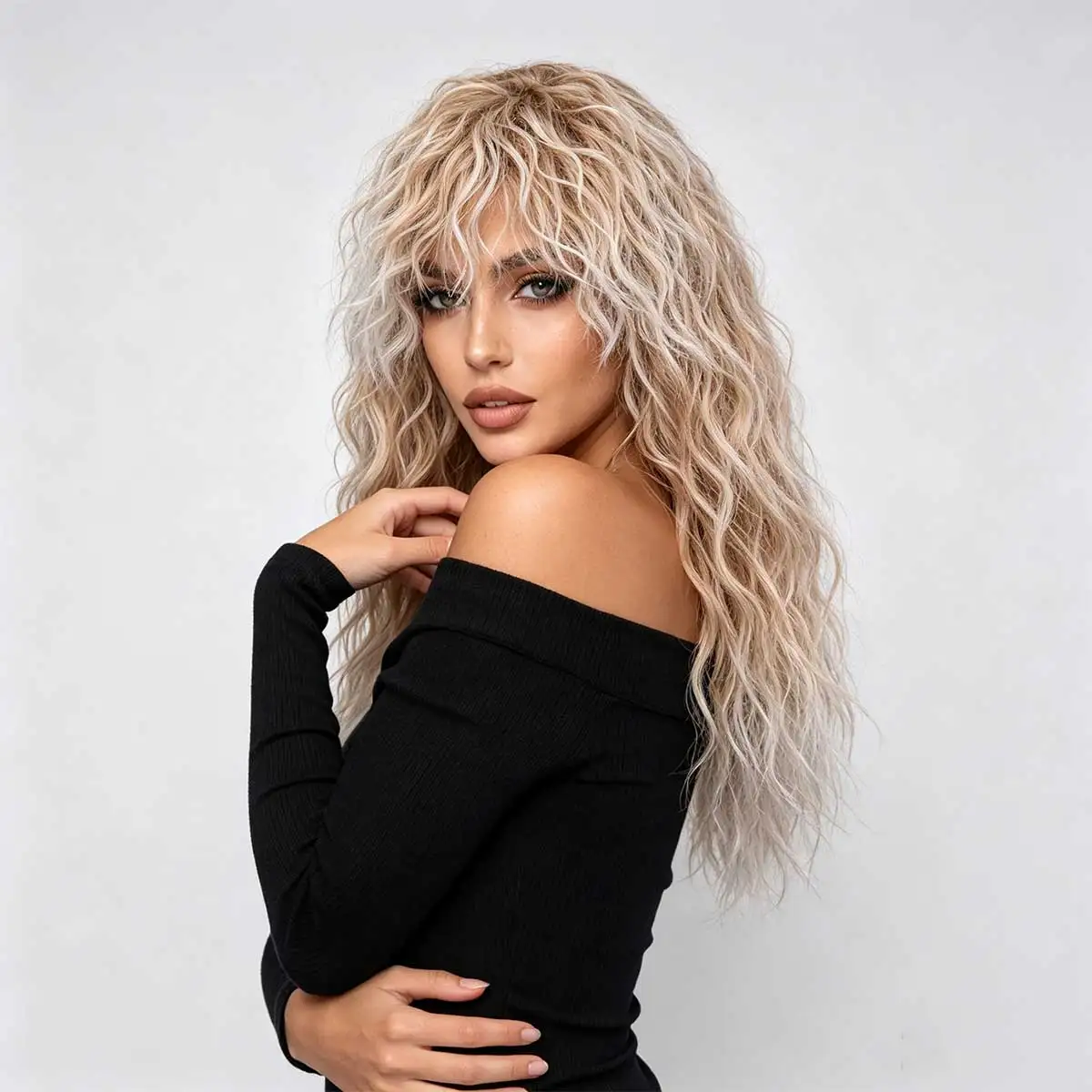 Blonde White Highlight Long Water Wave Curly Wig with Bangs, Natural Fluffy Heat Resistant Synthetic Wig for Daily Party Cosplay