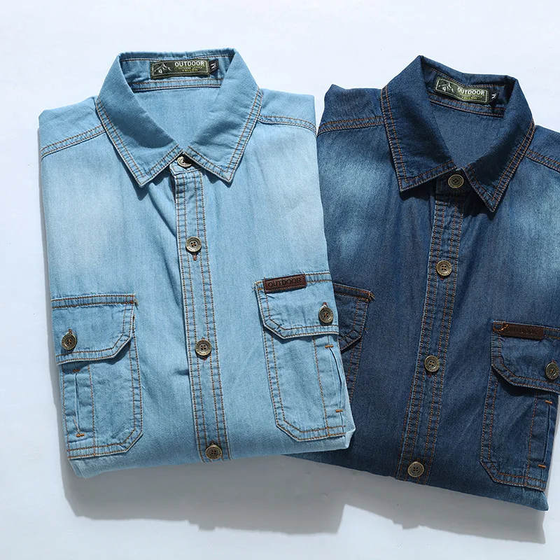 

New Fashion Men Light Blue Long Sleeves Casual Denim Shirts Loose Jeans Shirts Quality Male Cotton Breathable Comfortable Shirts