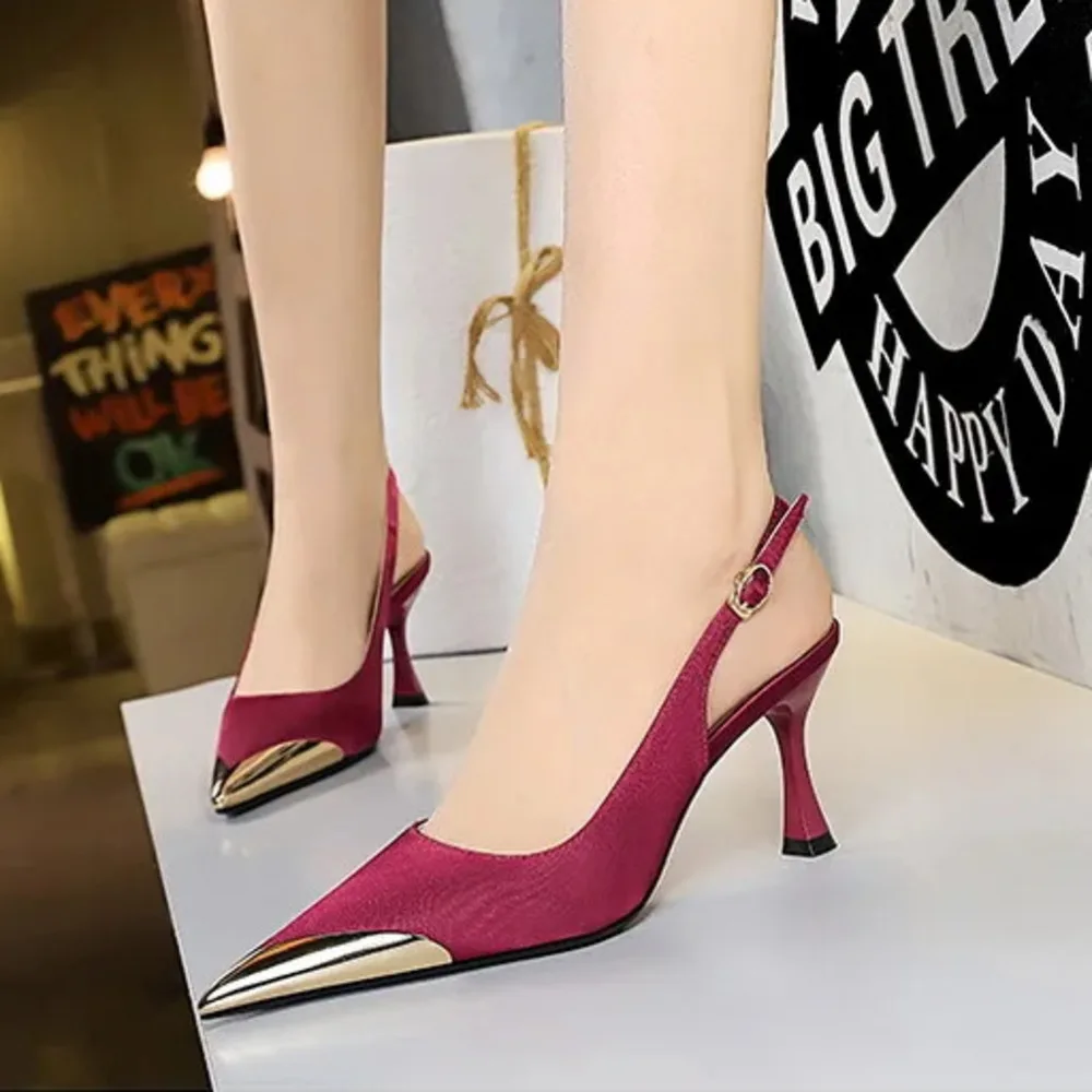 Women Pumps Shoes Sexy Banquet Women's Thin High Shallow Mouth Metal Pointed Satin Hollow Back Strap Single Ladies Shoes  Shoese