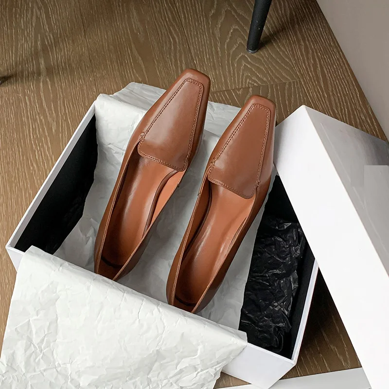 

Spring Women Split Leather Career Pumps Elegant Dress Shoes On Heel 4.5 CM Slip-On Pumps Autumn Ladies Lazy Shoes Square Toe