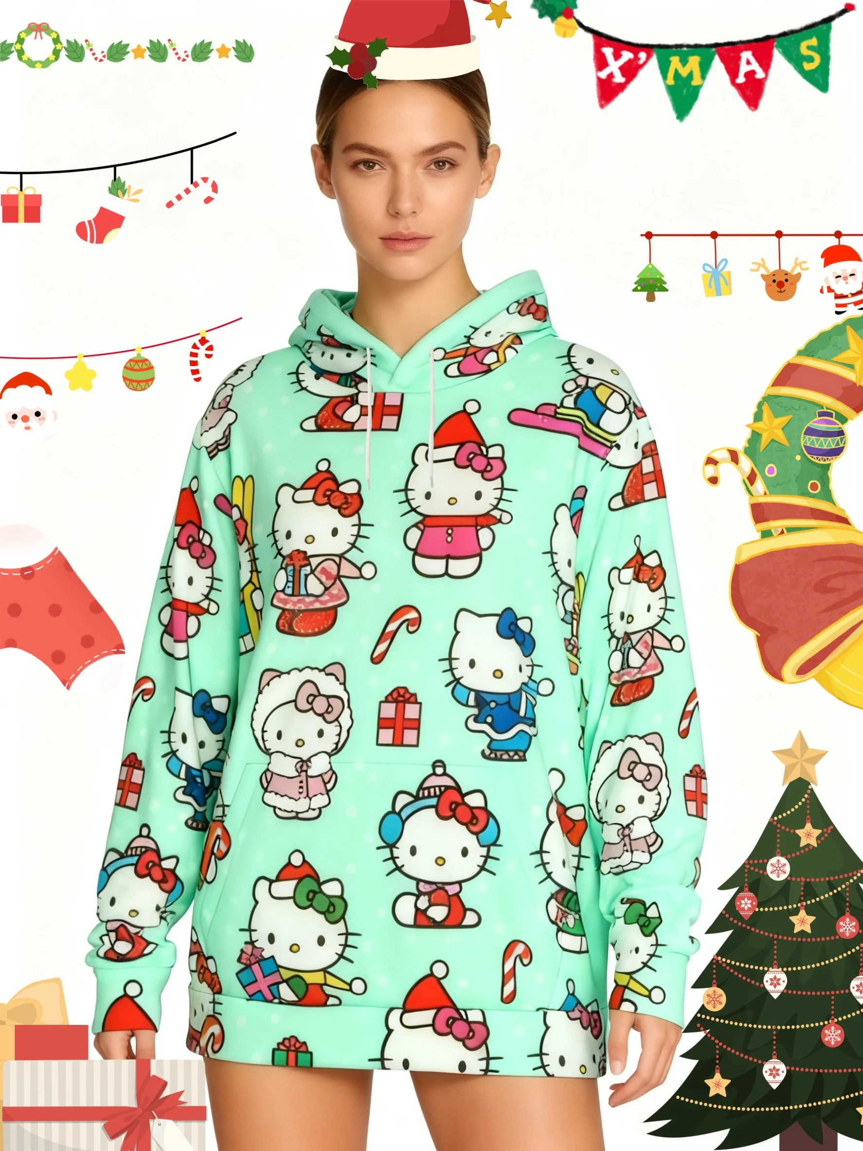 

Christmas Hello Kitty Creative Large Pattern Printed Hooded Shirt, Cute and Fashionable Christmas Pullover Hooded Shirt