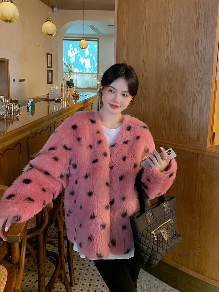 秋冬新作 スリーピンクカラー ブロ ポルカドット トスカーナウール シープスキン レディース ジャケット デコレーティブ ウォーム Vネック ロングスリーブ