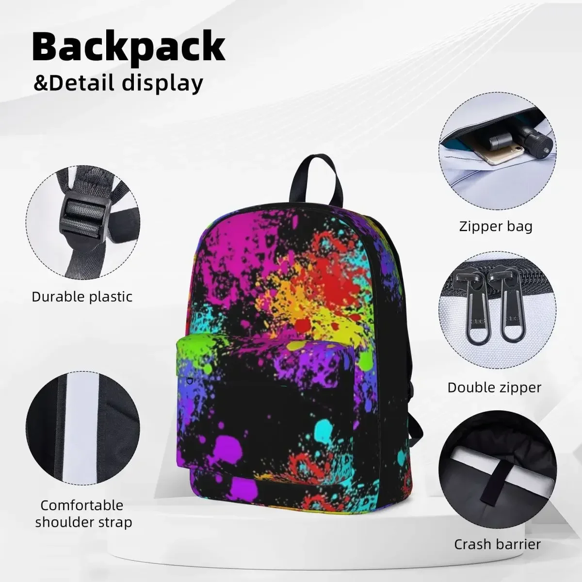 Rainbow Paint Splatter Backpack Casual Student School Bag Laptop Rucksack Travel Rucksack Large Capacity Bookbag