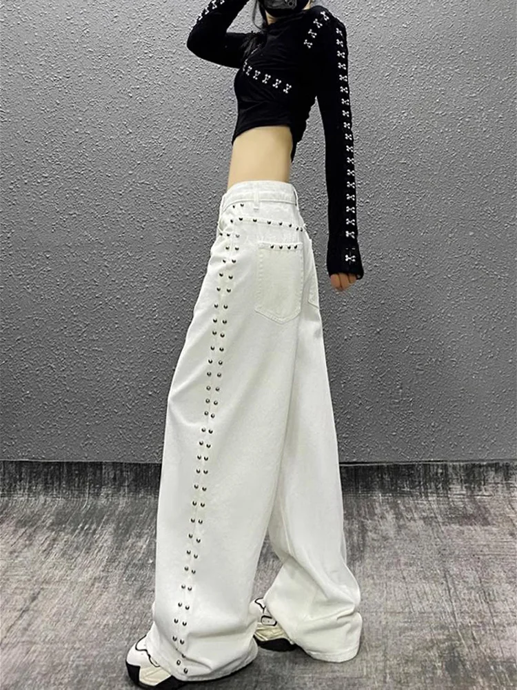 

Street Bead Белые джинсы Женские шикарные мешковатые широкие брюки с прямыми карманами на молнии Джинсовые длинные брюки 2025 Весна Повседневные женские брюки для поездок на работу
