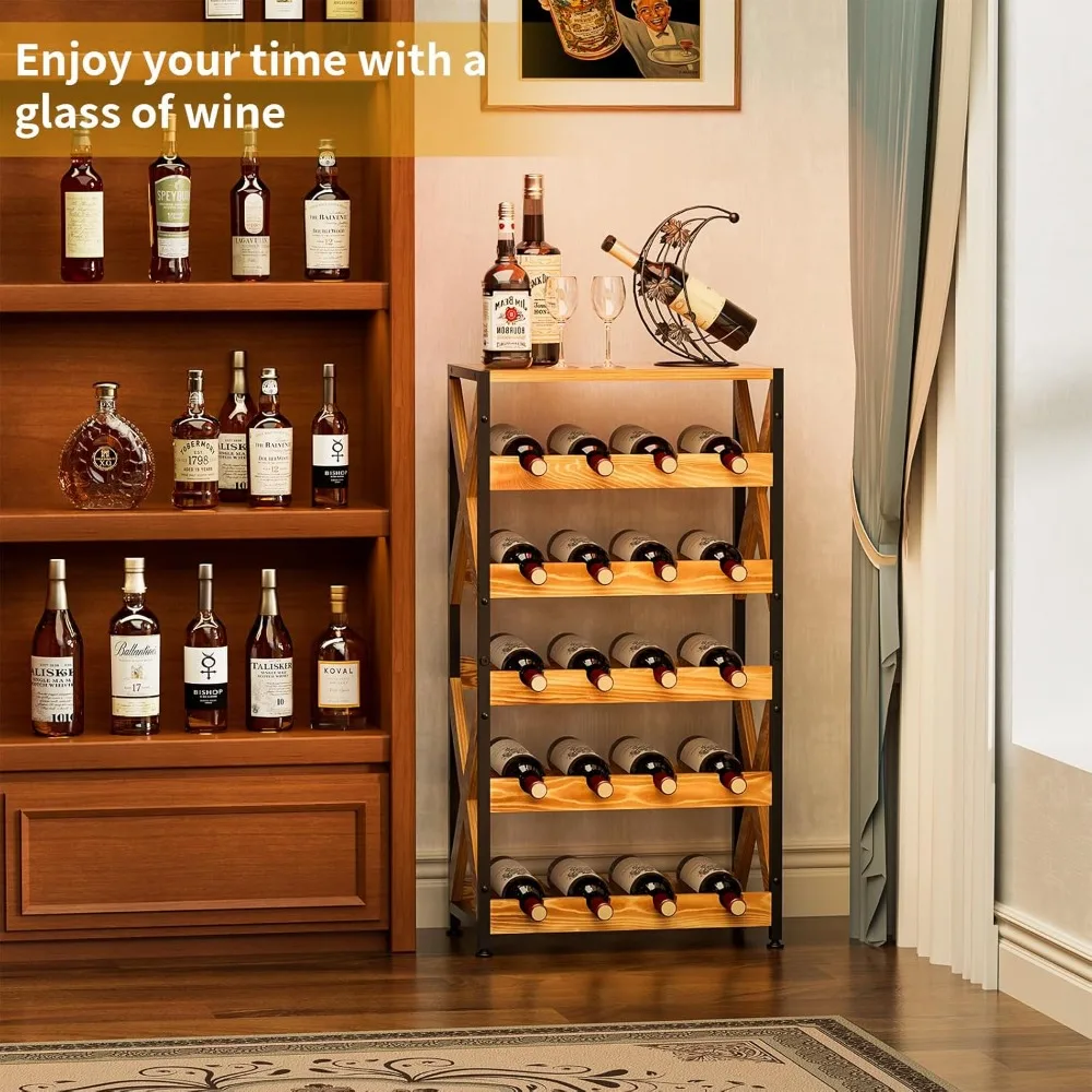 Rack de vinho para 20 garrafas, piso autônomo com tampo de madeira, prateleira de armazenamento para exibição de vinho de 5 camadas sem oscilação, vinho modular empilhável