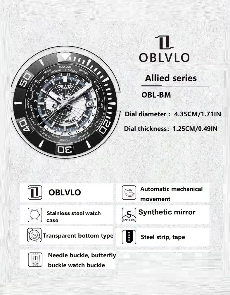 ساعة OBLVLO للرجال مع حركة ميكانيكية أوتوماتيكية قوية مضيئة على الوجهين، ساعة ميكانيكية جديدة للرجال