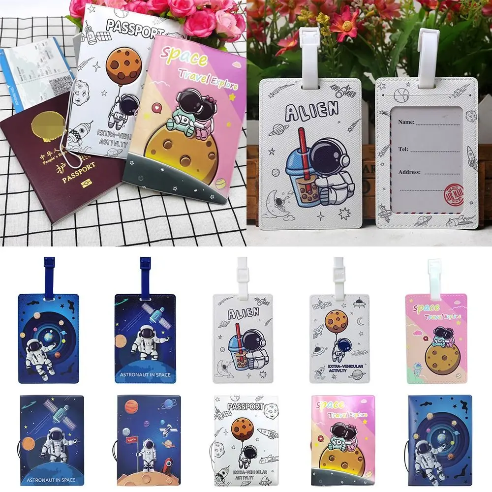 Cartoon Astronaut Passport Cover PU World Traveling Luggage Tag Waterproof Multi-function Certificate Protective Sheath Unisex