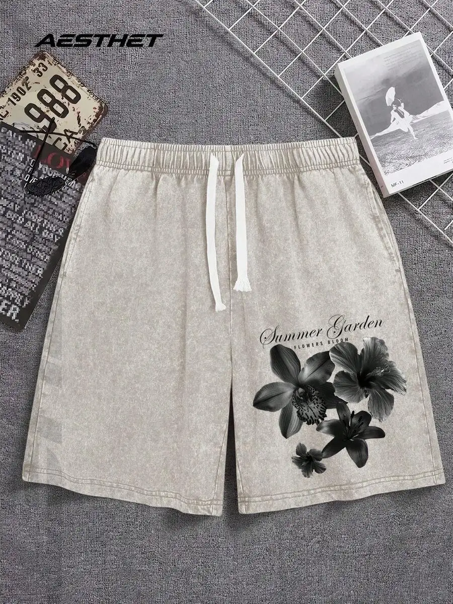 

Mens 100% Cotton Vintage Washed Casual Shorts With Floral Print Drawstring Waist