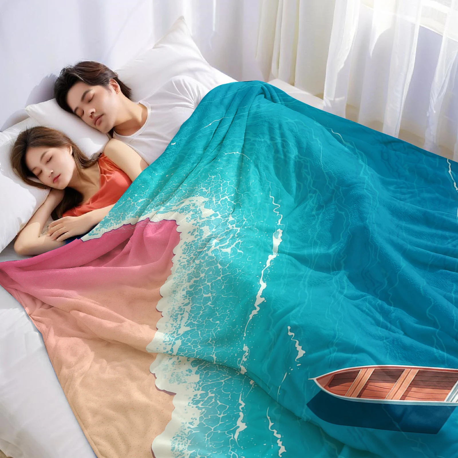 Aerial Beach & Boat Cartoon Anime Print Flannel Blanket Soft Warm Throw for Kids Bedroom Sofa Bed Christmas Office Car