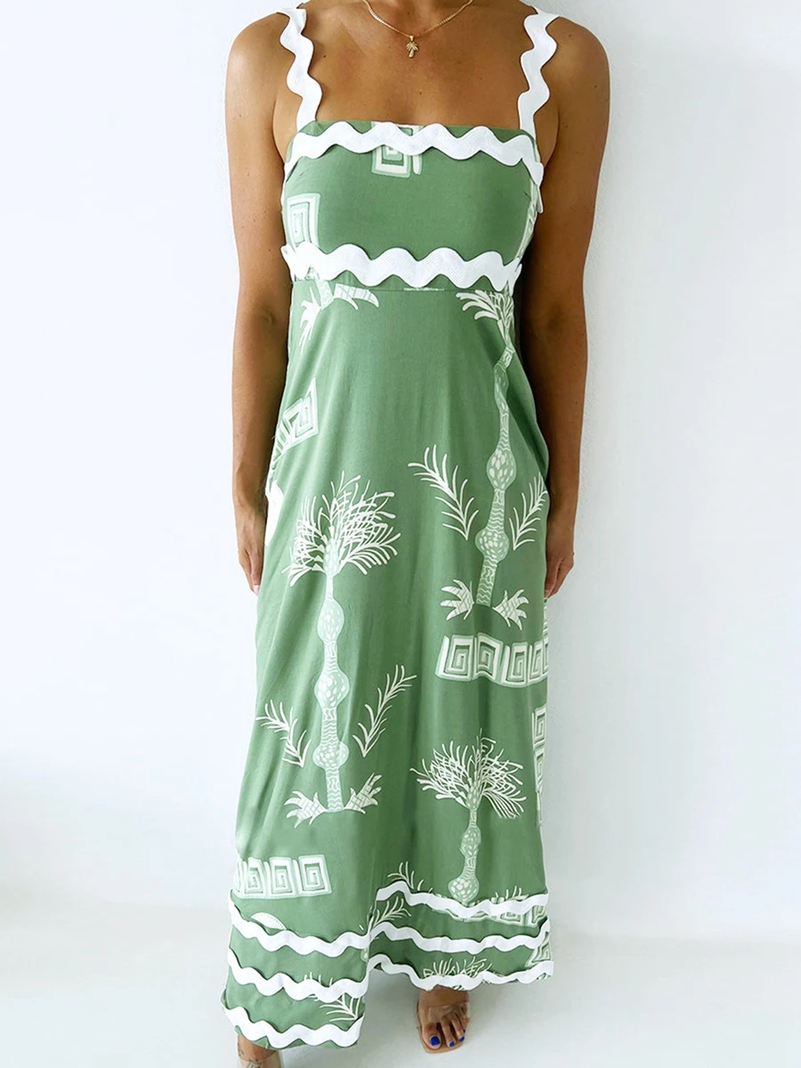

Women 2024 Summer Dress Sleeveless Smocked Rickrack Flowy Maxi Dress Spaghetti Strap A Line Flowy Swing Sundress