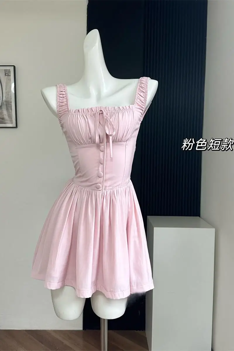 Women Pink A-line Dress Vintage Evening Elegant Square Collar Off Shoulder Dress Y2k One Piece Frocks 2000s Clothes Summer 2024