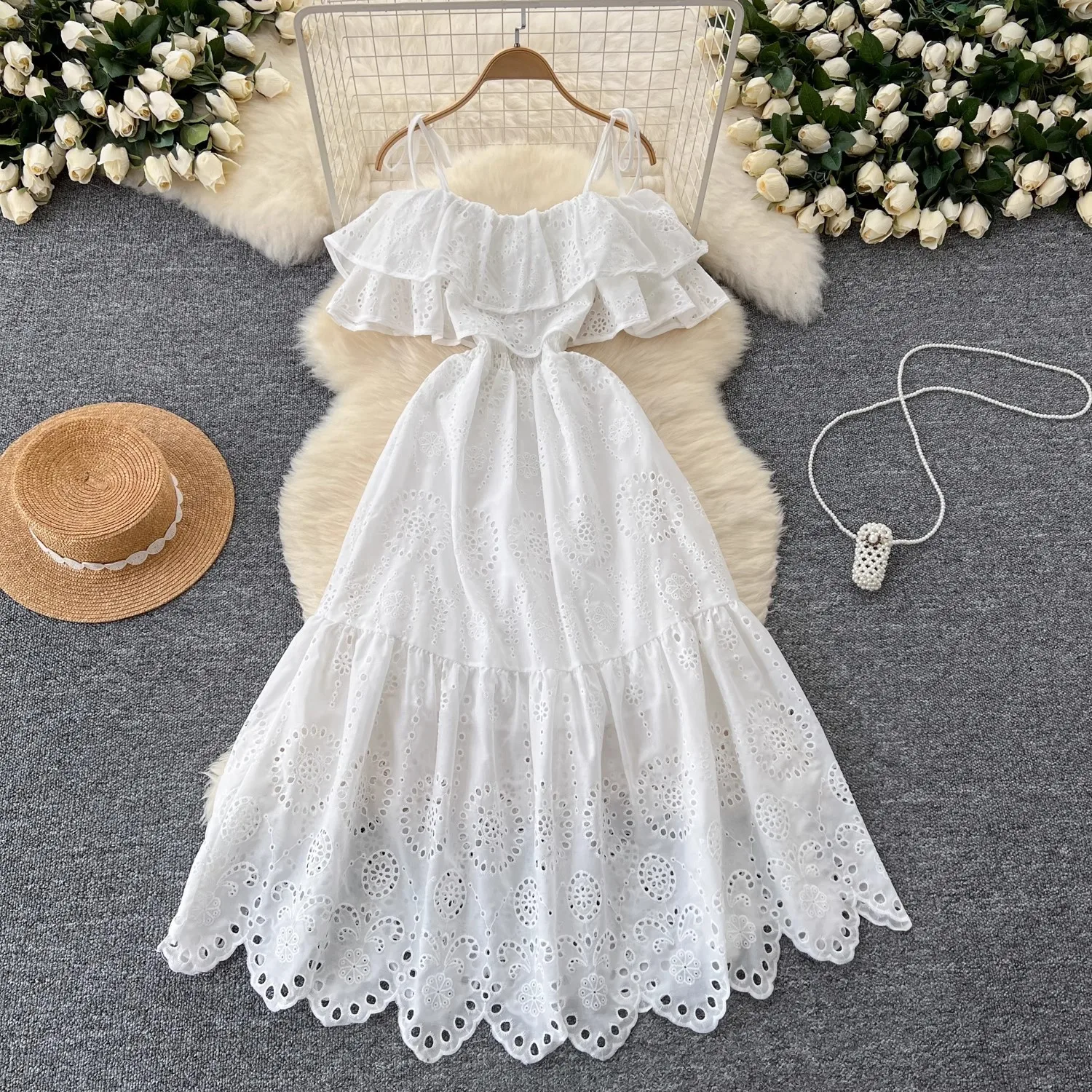 

2025 Summer French Ruffled Off-shoulder Suspender Dress Boho Hollow Embroidery A-line Holiday Long Beach Dress Female Vestidos