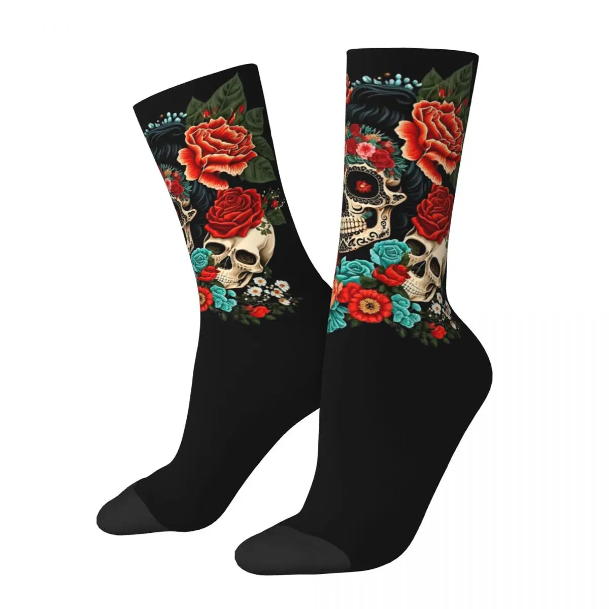 Autumn Winter Colorful Unisex Frida Mexican Artist Flowers Skull Socks Breathable Basketball Socks