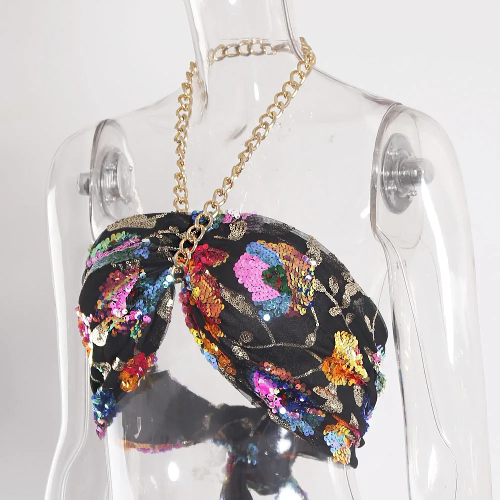 Floral Sequin Embroidered Y2K Pink Summer Crop Top with Necklace Tie Up Full Lining Evening Night Party Camis Chain