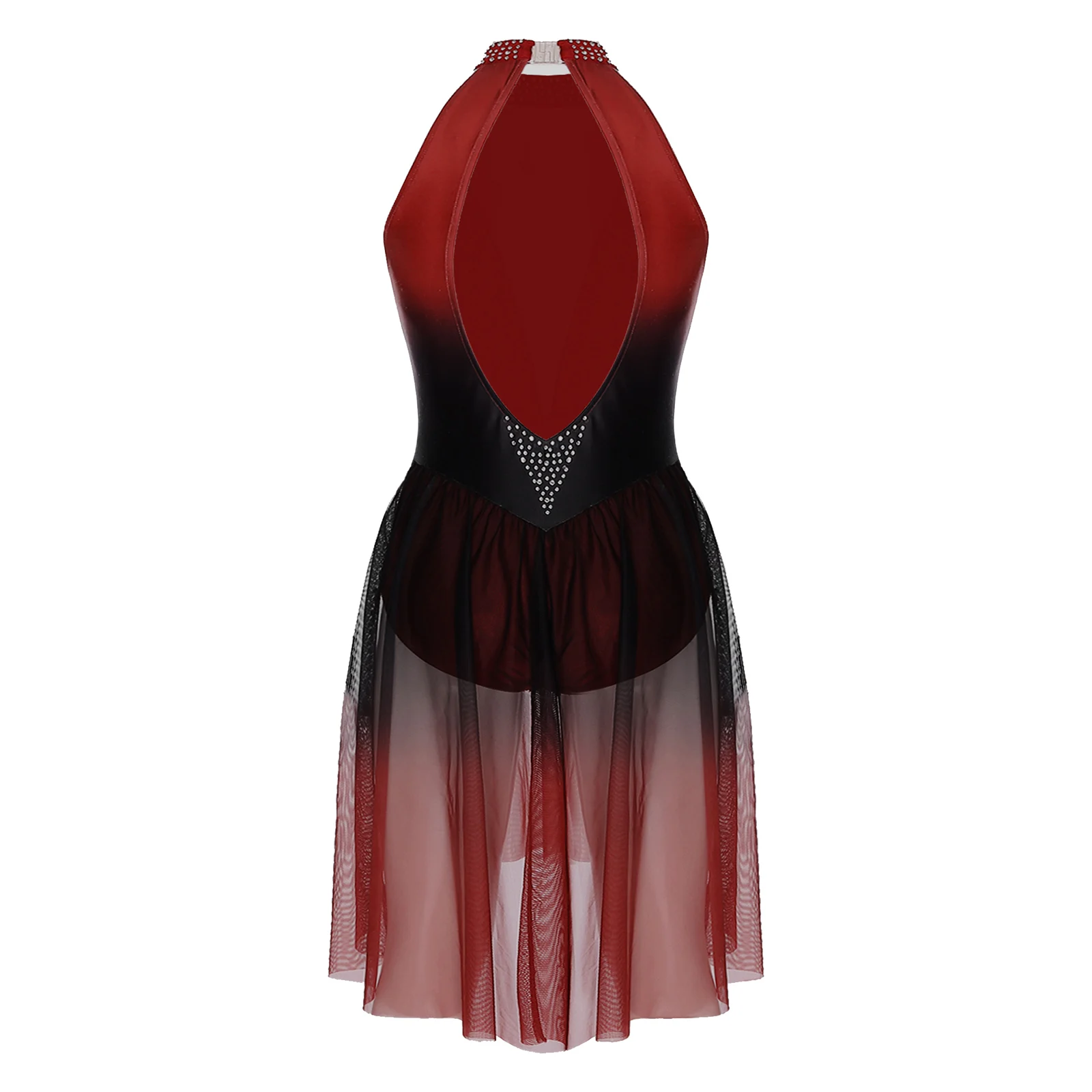 Women Lyrical Dance Dress Halter Cutout Back Shiny Rhinestones Gradient Color Sheer Mesh Patchwork Dress for Ballet Competition