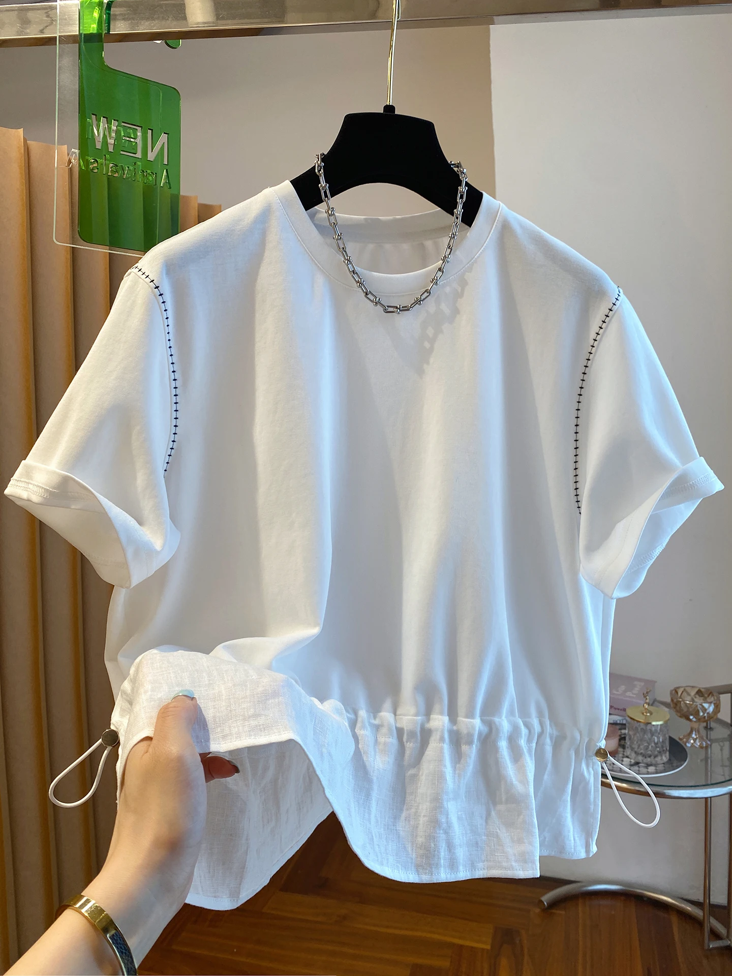 

Ele Белая футболка с завязками на талии, женская летняя футболка со свободным дизайном, корейский хлопковый топ