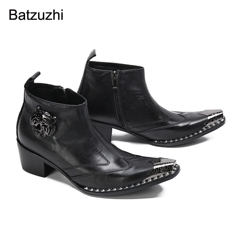 

Batzuzhi Men's Boots 6cm Heels Height Ankle Black Genuine Leather Boots for Men Pointed Toe Business Botas Hombre, Sizes 38-47!