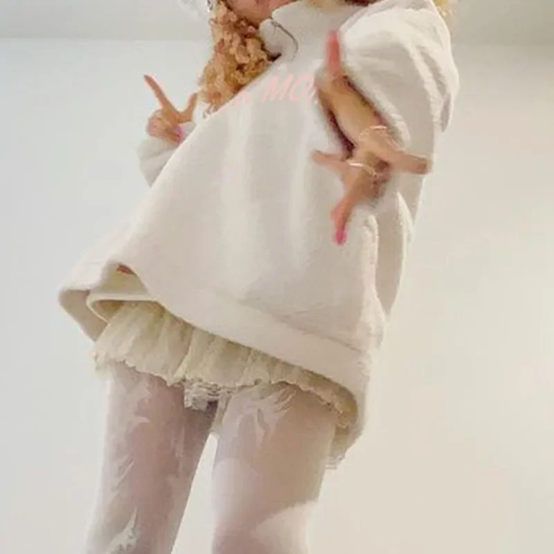 Sudaderas con capucha bordadas con letras blancas para mujer, jersey de manga larga, cuello alto de lana, Tops con cremallera, ropa de calle femenina, Invierno