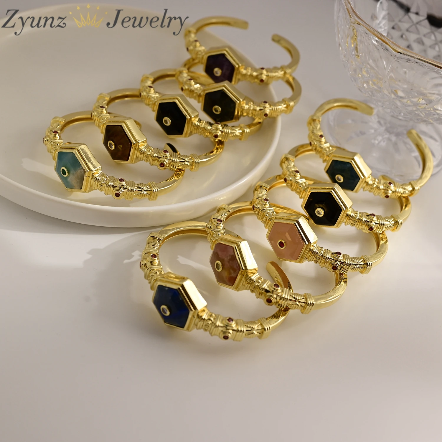 3PCS, Gold Color Plated Natural Purple Rose Quartz Amazonite Lapis Lazuli Stone Bangles Women Jewelry