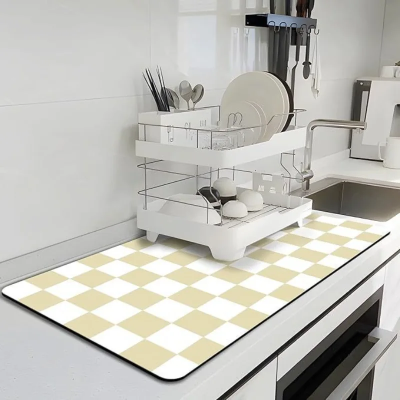 Checkered Print Kitchen Rugs Dish Drying Mat Absorbent Drain Pad Kitchen Carpet Coffee Mat Tablemat Beauty