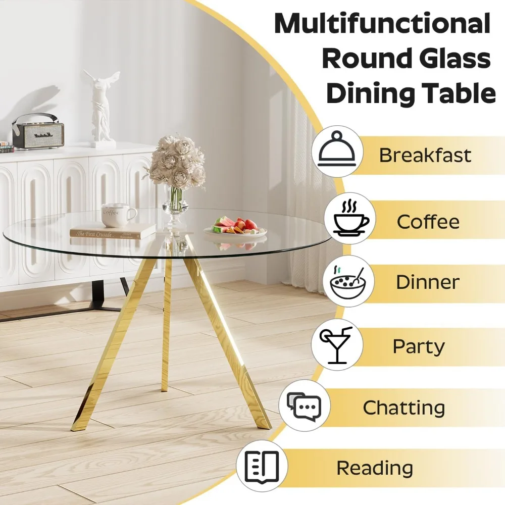 طاولة طعام مستديرة تتسع لـ 4، 39 بوصة، طاولة طعام زجاجية حديثة، طاولة قهوة ترفيهية، طاولة عشاء دائرية للمطبخ، مساحة توفير (ذهبي) #4