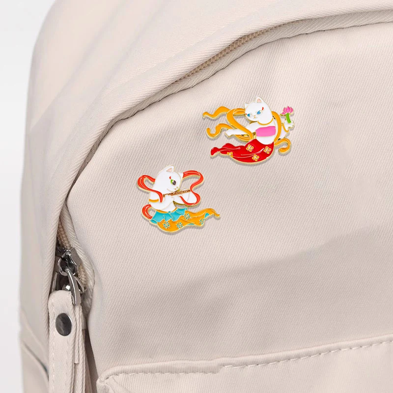 Cute Chinese Style Cat Band Collection Pins Flying Apsaras Kitten Playing Music Enamel Brooches For Pet Lovers Gift