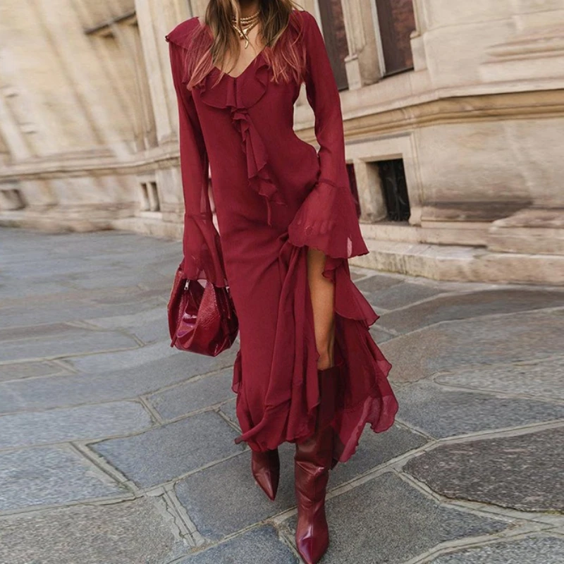 

Women Autumn Dress Long Sleeve V Neck Hem Split Floral Lace Trim Elegant Fashion