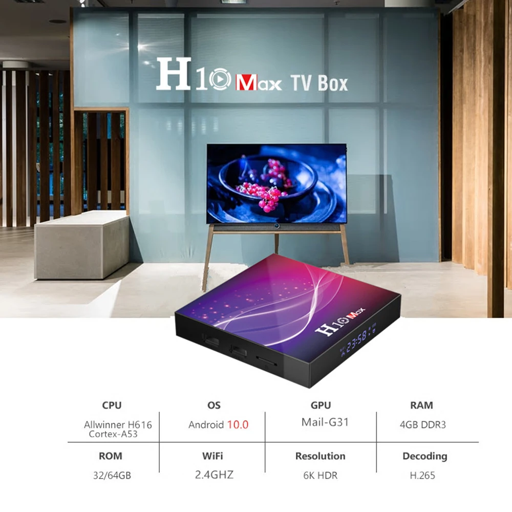 

H10 Max Android 10.0 TV Box 4GB RAM 64GB ROM Allwinner H616 Quad Core 2.4G WIFI 6K HDR Media Player Set Top Box