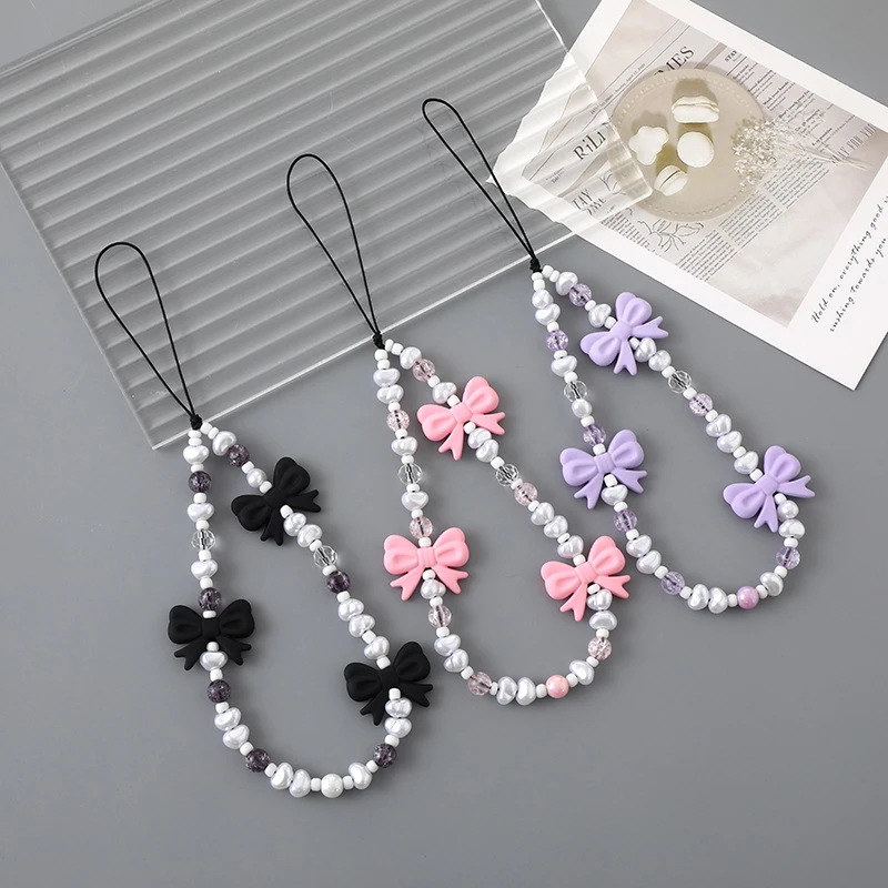 Simple Cute Kawaii Bowknot Beaded Phone Chain Fashion Delicate Keychain For Women Girls Sweet Bag Decoration Accessories Gifts